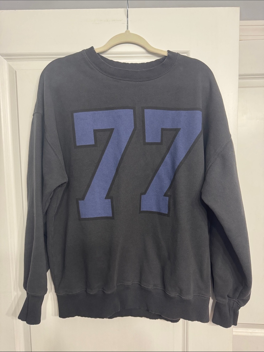 American Eagle Outfitters Black Crewneck Sweatshirt with Blue '77' Graphic